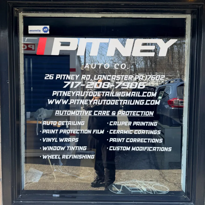Pitney Auto Co. window lettering